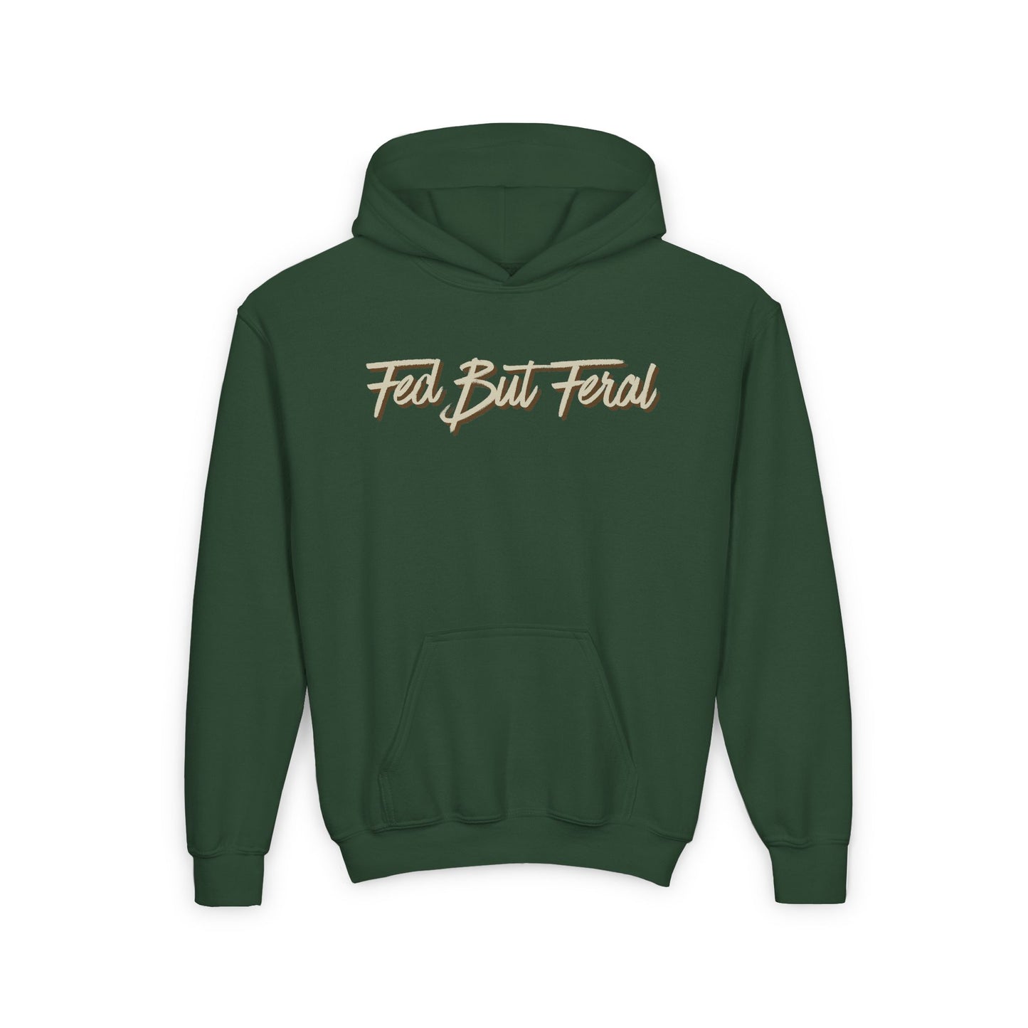 Fed But Feral Beige Font Youth Hoodie - Trendy Cozy Sweatshirt for Young Adventurers