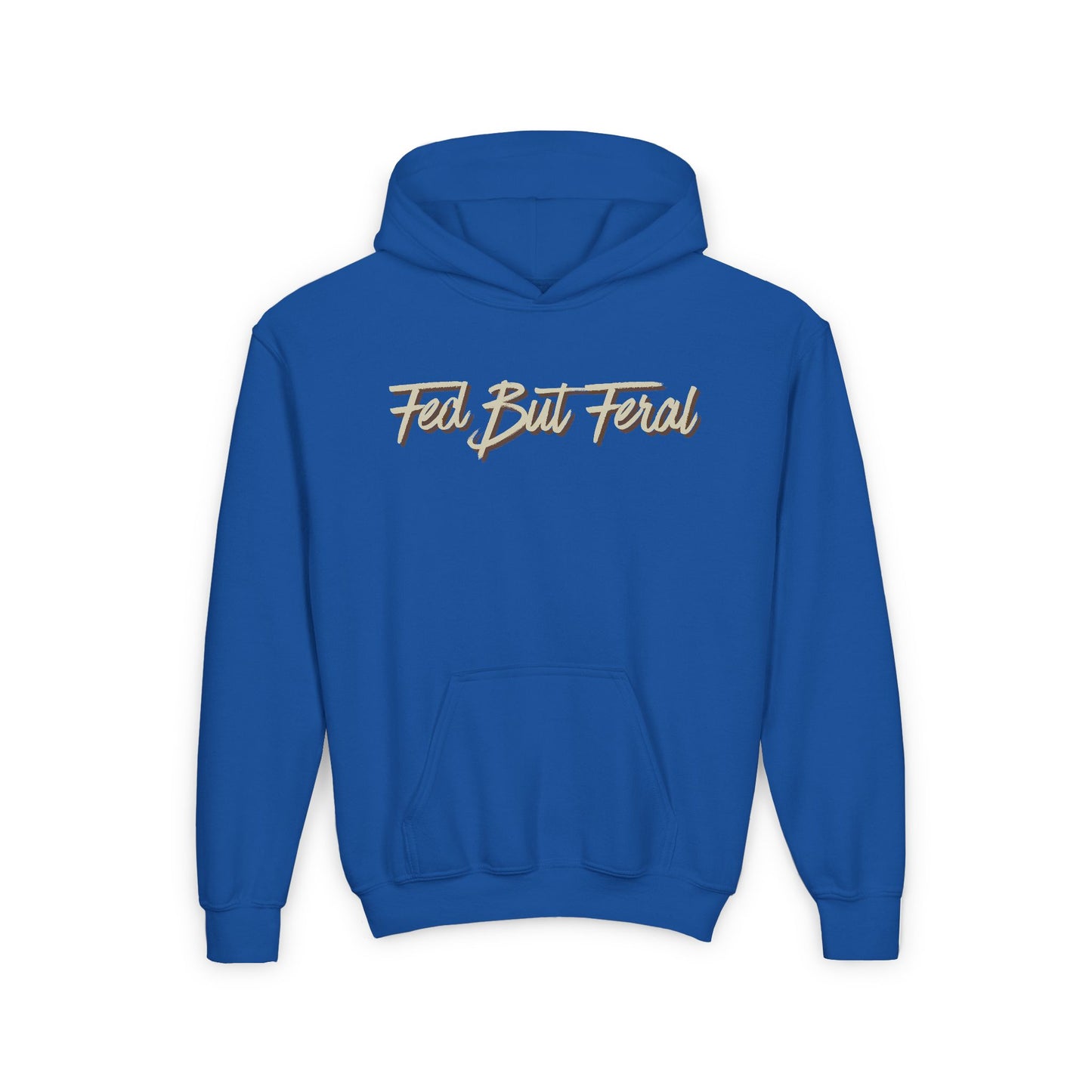 Fed But Feral Beige Font Youth Hoodie - Trendy Cozy Sweatshirt for Young Adventurers