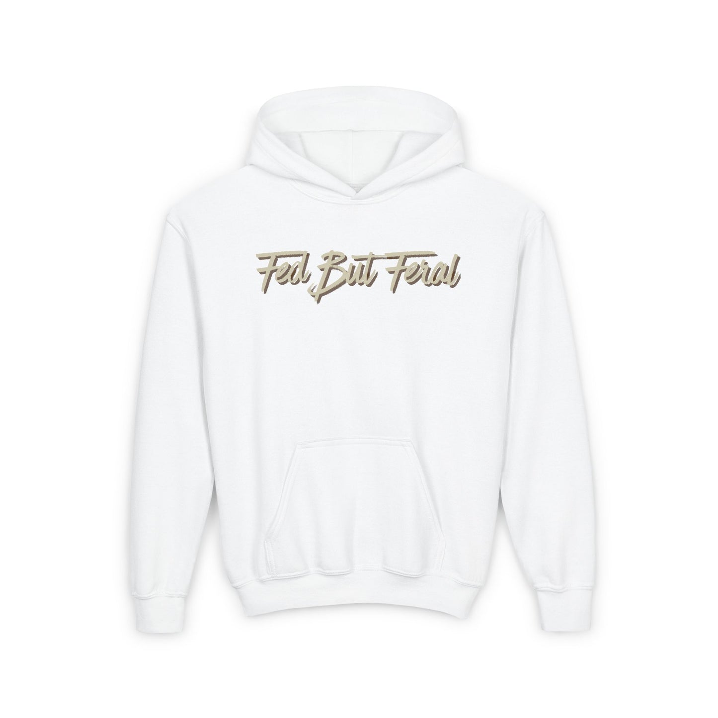 Fed But Feral Beige Font Youth Hoodie - Trendy Cozy Sweatshirt for Young Adventurers