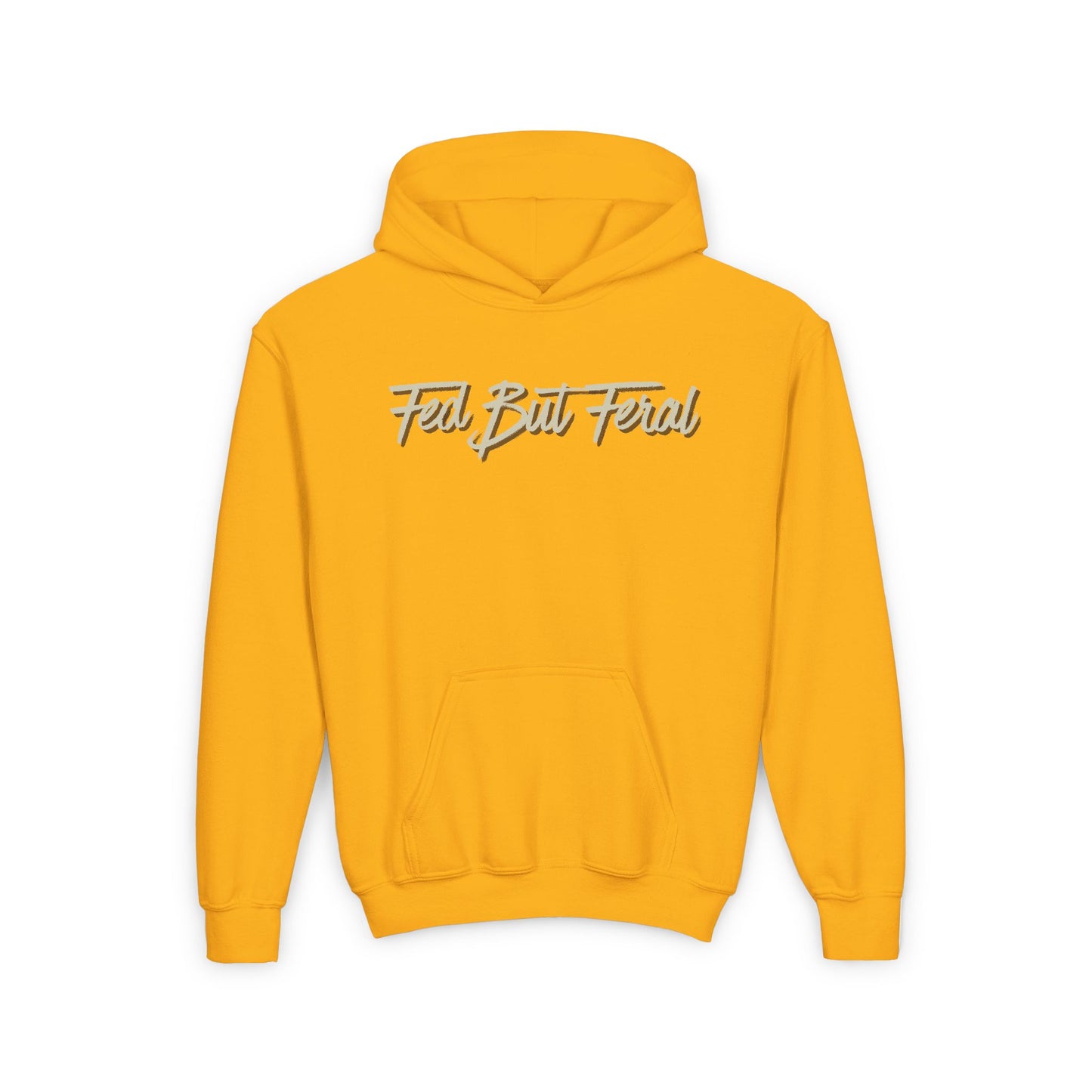Fed But Feral Beige Font Youth Hoodie - Trendy Cozy Sweatshirt for Young Adventurers
