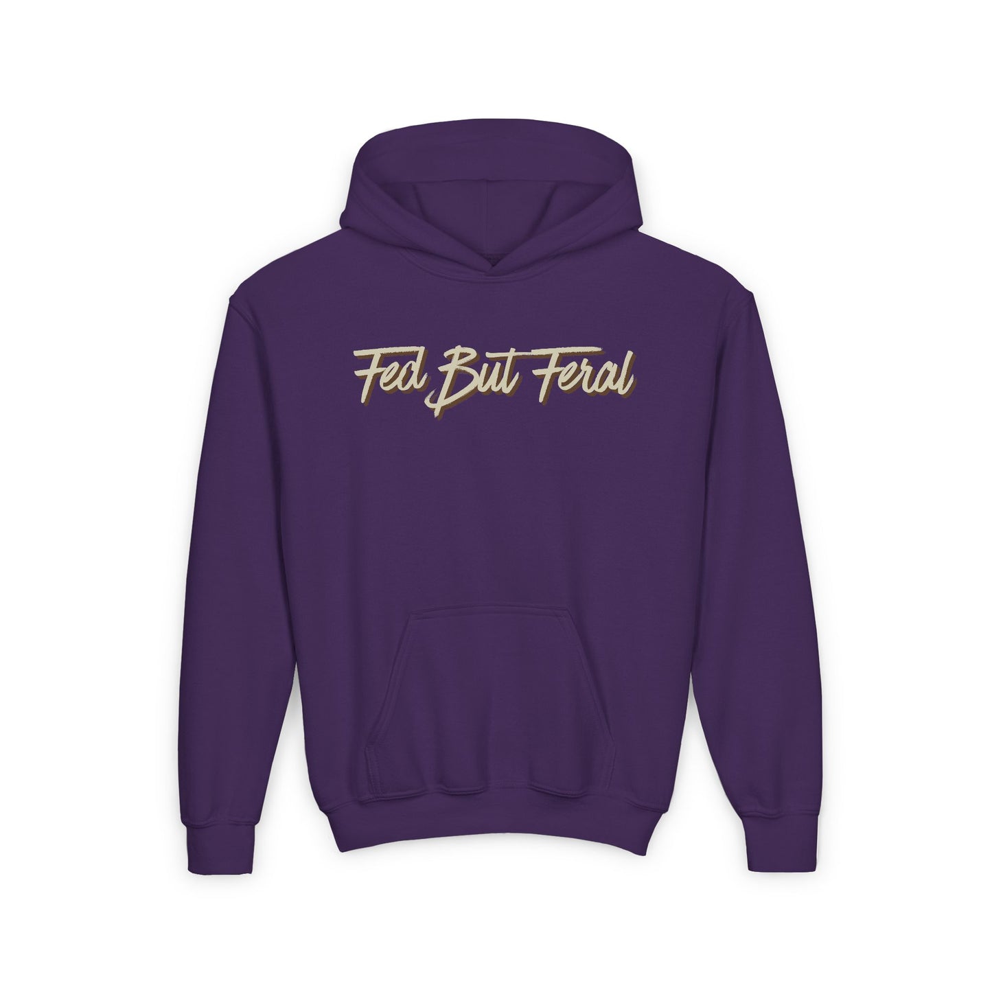 Fed But Feral Beige Font Youth Hoodie - Trendy Cozy Sweatshirt for Young Adventurers
