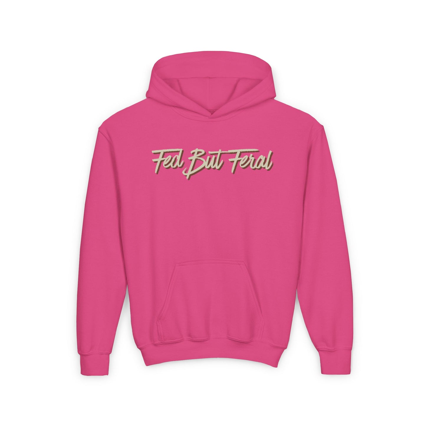 Fed But Feral Beige Font Youth Hoodie - Trendy Cozy Sweatshirt for Young Adventurers