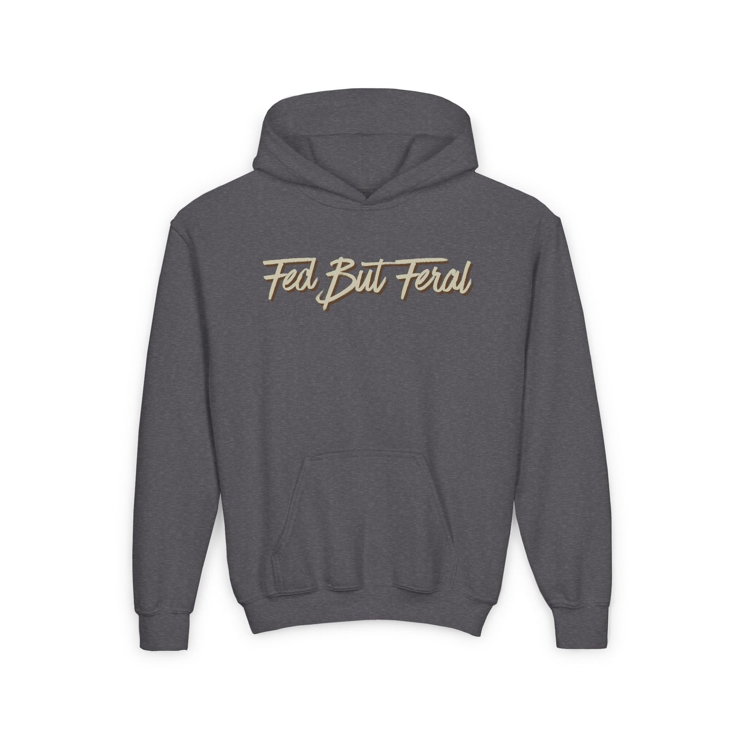 Fed But Feral Beige Font Youth Hoodie - Trendy Cozy Sweatshirt for Young Adventurers