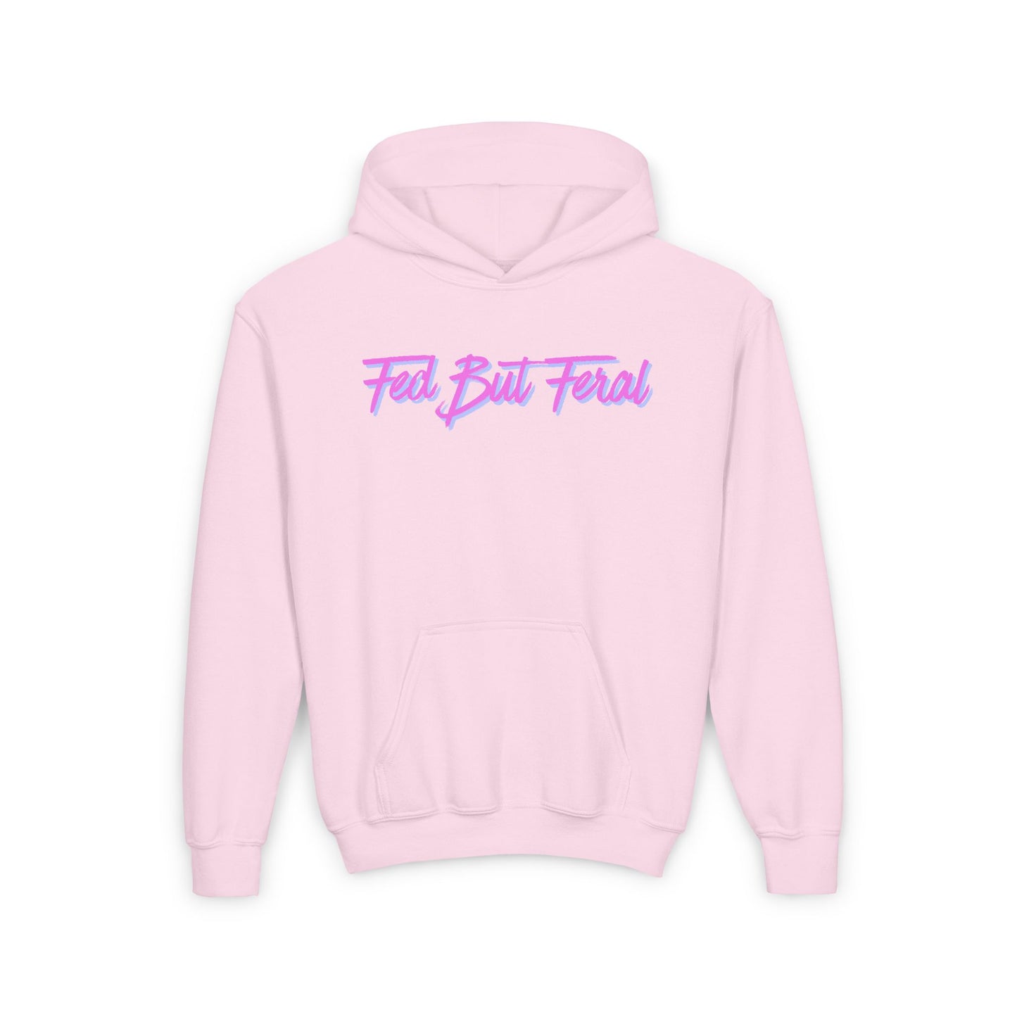 Youth Fed But Feral Pink Font Hooded Sweatshirt - Casual, Cozy Streetwear for Creative Kids