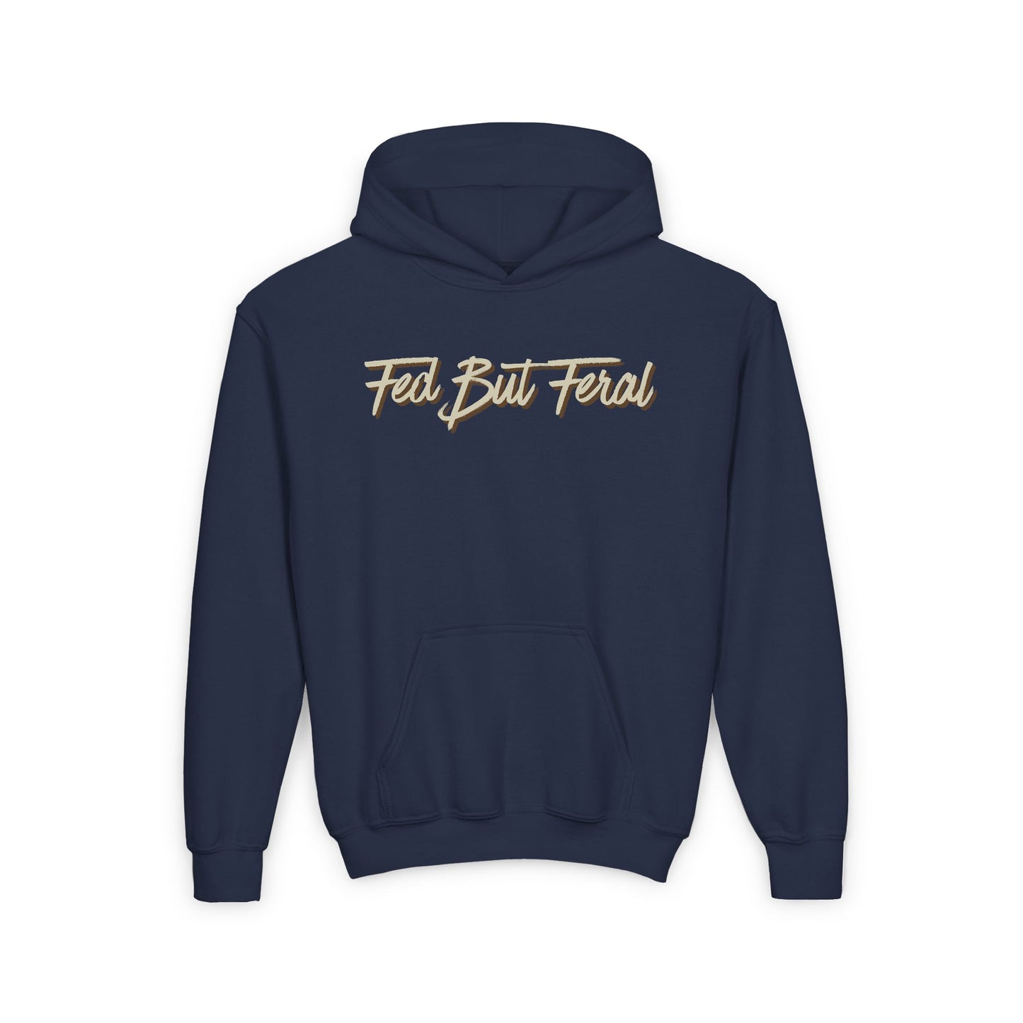 Fed But Feral Beige Font Youth Hoodie - Trendy Cozy Sweatshirt for Young Adventurers