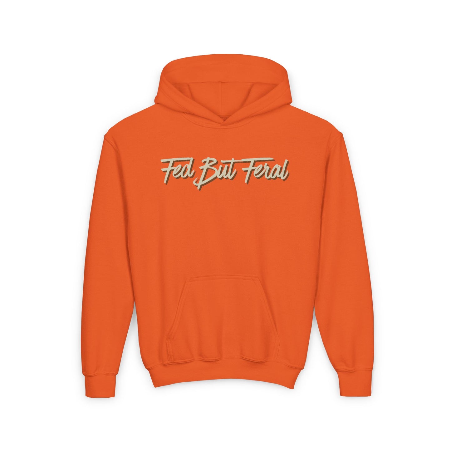Fed But Feral Beige Font Youth Hoodie - Trendy Cozy Sweatshirt for Young Adventurers