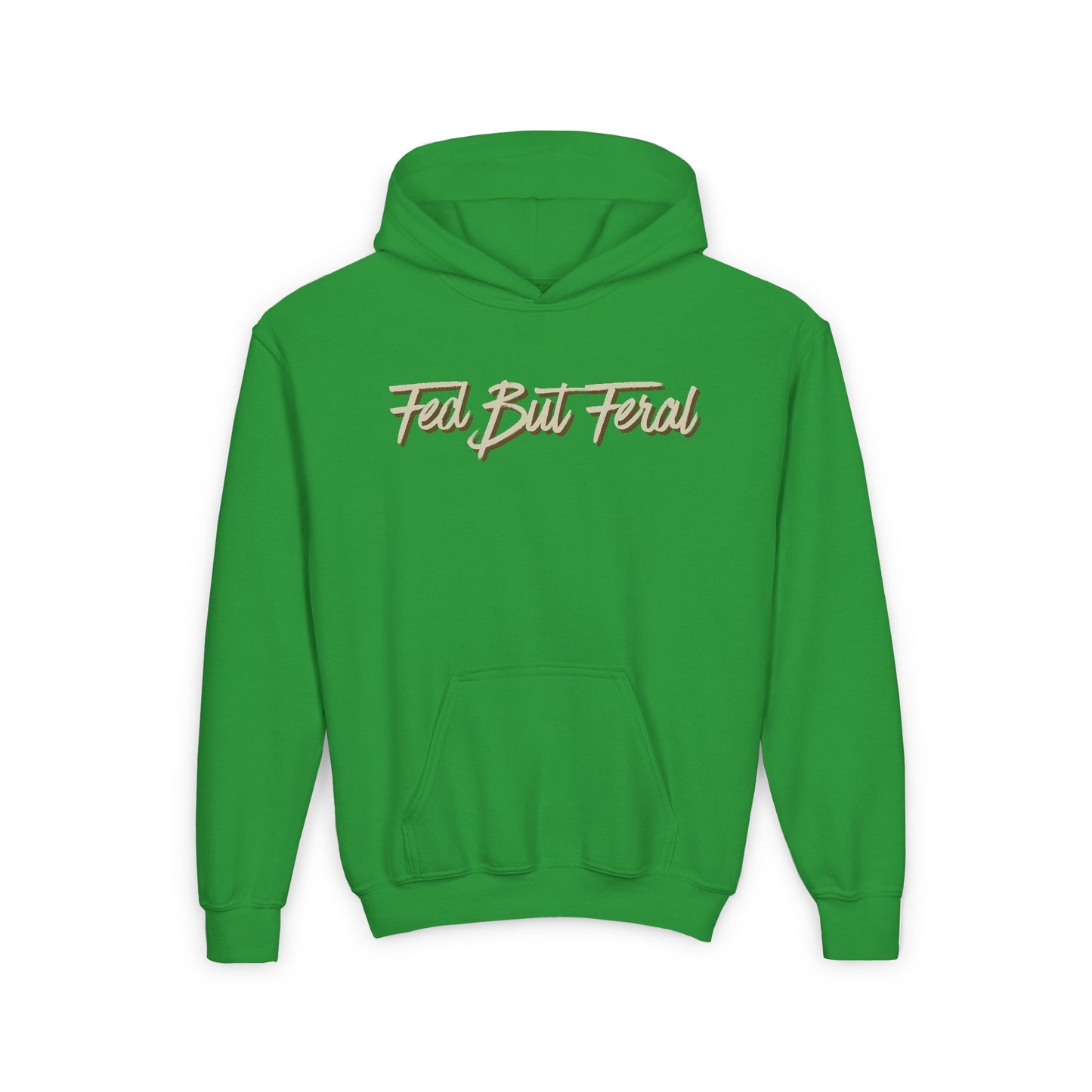 Fed But Feral Beige Font Youth Hoodie - Trendy Cozy Sweatshirt for Young Adventurers