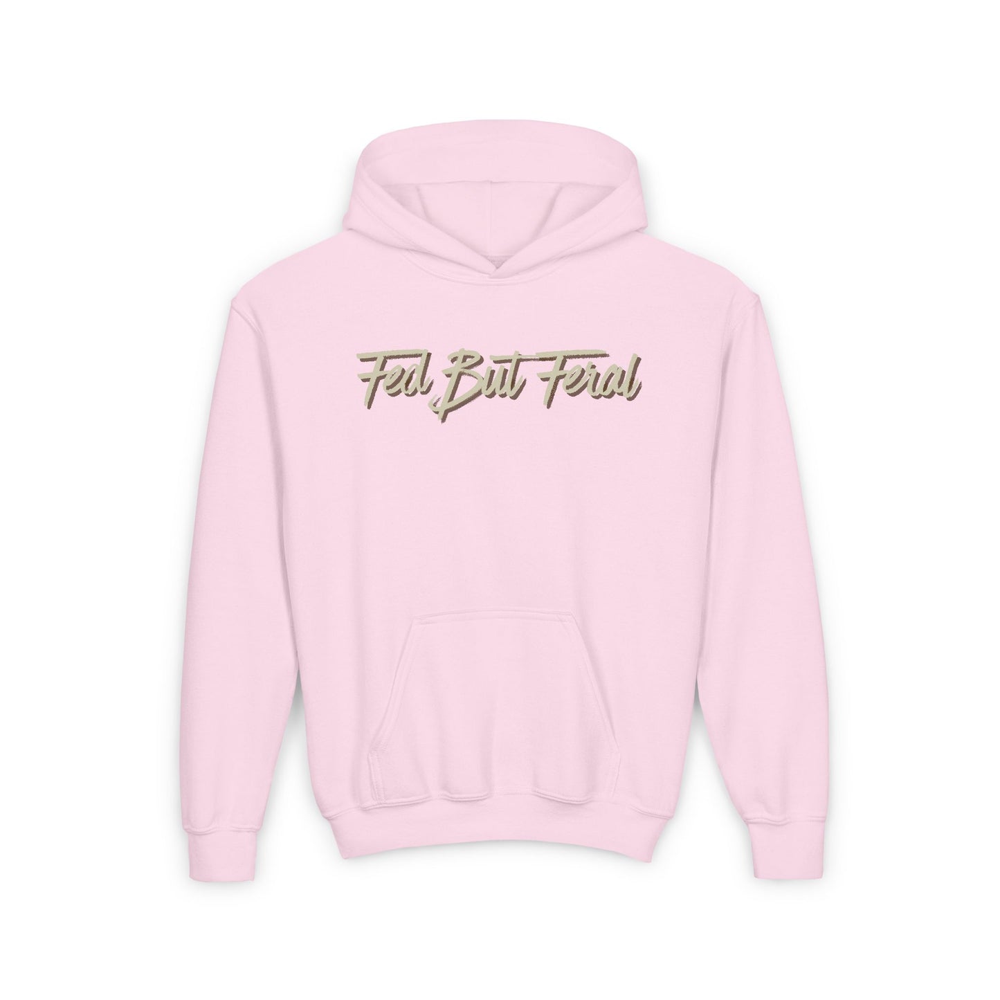 Fed But Feral Beige Font Youth Hoodie - Trendy Cozy Sweatshirt for Young Adventurers