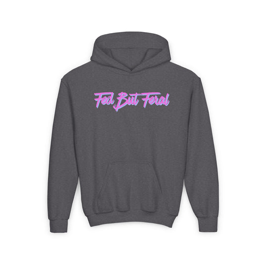 Youth Fed But Feral Pink Font Hooded Sweatshirt - Casual, Cozy Streetwear for Creative Kids