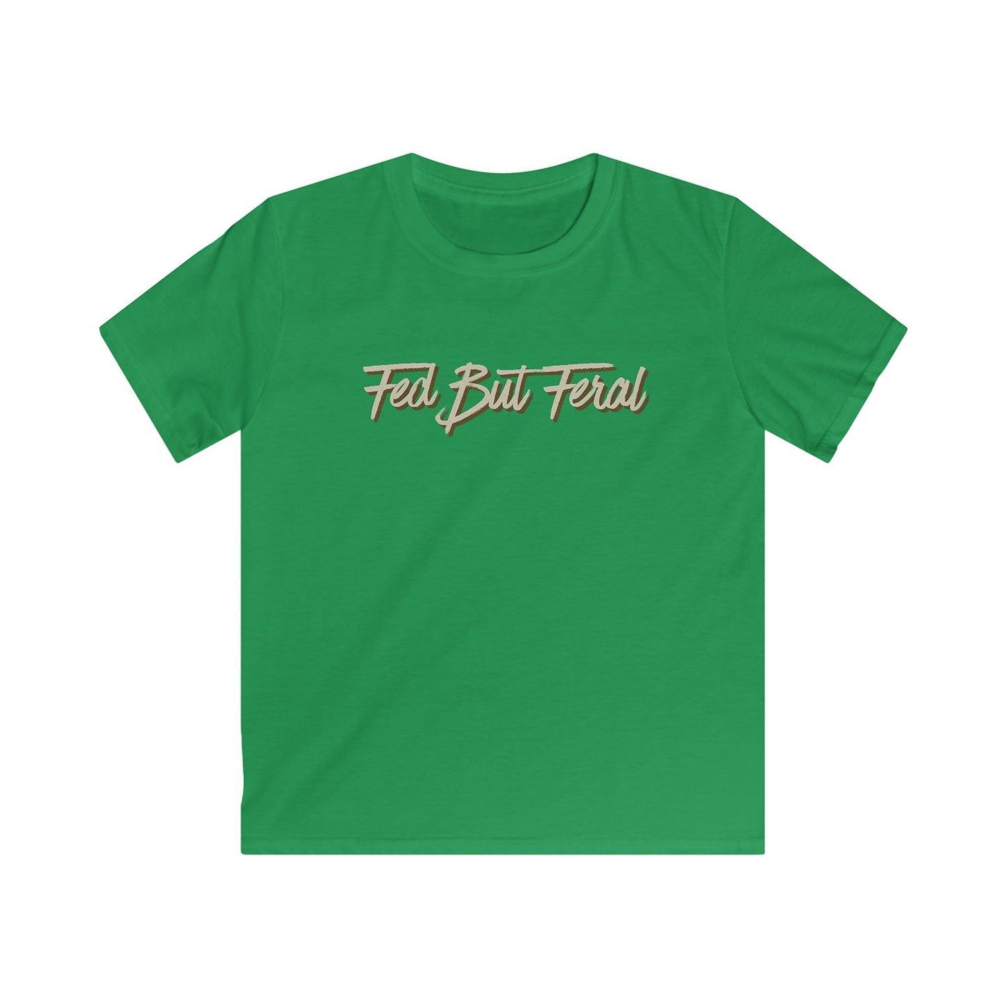 Fed But Feral Kids Softstyle Tee Beige Font - Fun and Comfortable T-Shirt for Playful Adventures