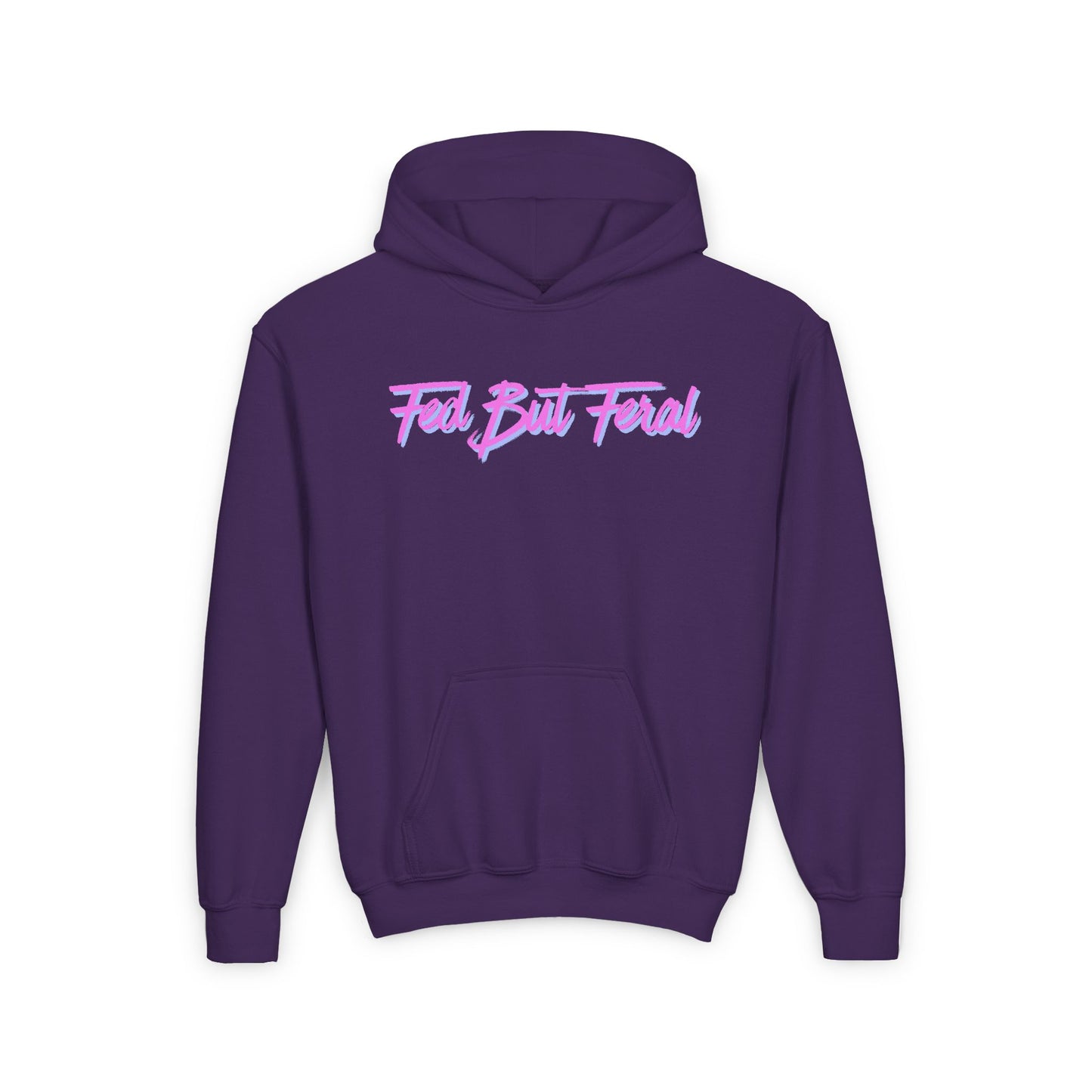 Youth Fed But Feral Pink Font Hooded Sweatshirt - Casual, Cozy Streetwear for Creative Kids